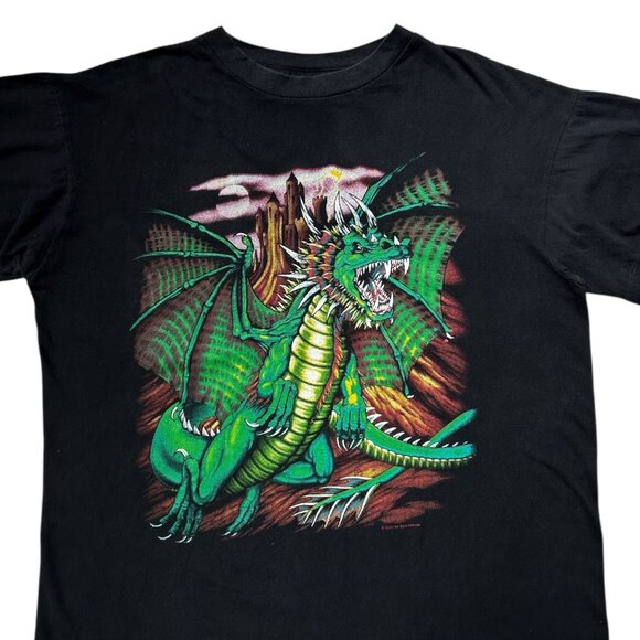 90s Vintage Dragon Graphic T-shirt Sunrise Sportswear Single Stitch Castle. - Picture 2 of 9